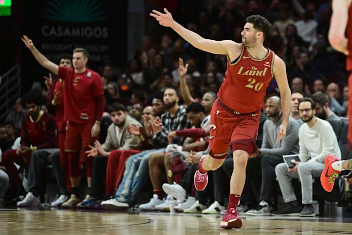 Jan 29, 2024; Cleveland, Ohio, USA; Cleveland Cavaliers forward Georges Niang (20) celebrates after hitting a three point basket during the second half against the Los Angeles Clippers at Rocket Mortgage FieldHouse. Mandatory Credit: Ken Blaze-USA TODAY Sports